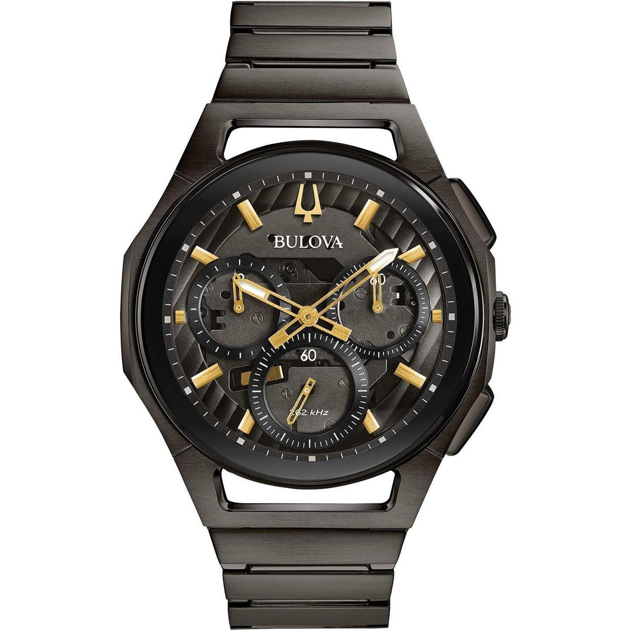 Montre à quartz haute performance en acier inoxydable CURV de Bulova pour homme, chronographe à 5 aiguilles, verre saphir, aiguilles lumineuses, placage ionique noir/accents dorés