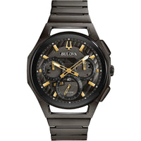 Thumbnail for Montre à quartz haute performance en acier inoxydable CURV de Bulova pour homme, chronographe à 5 aiguilles, verre saphir, aiguilles lumineuses, placage ionique noir/accents dorés