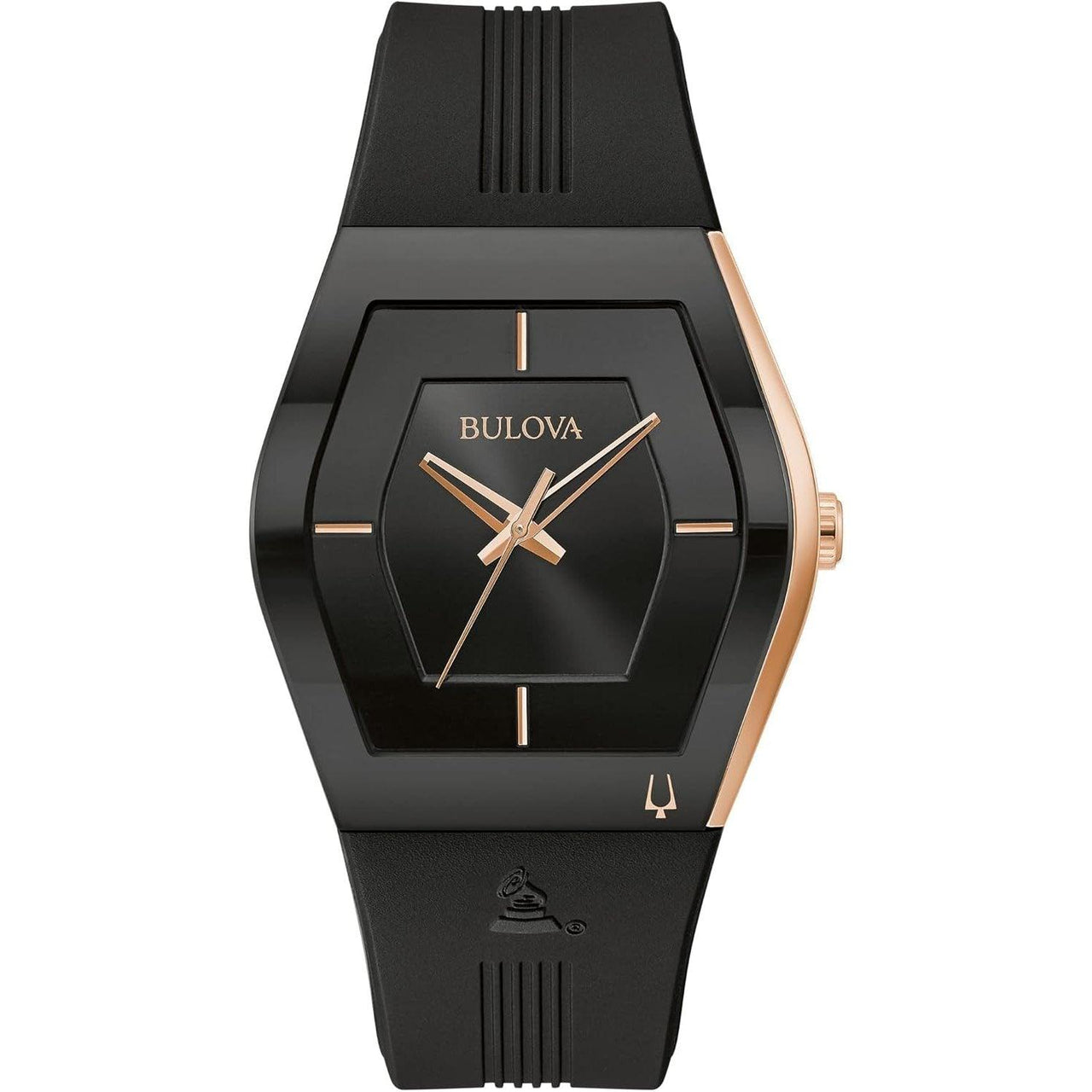 Reloj Bulova Latin Grammy Gemini de cuarzo en acero inoxidable dorado rosa con detalles en cristal mineral curvo y correa de silicona negra para hombre