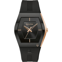 Thumbnail for Montre Bulova Latin Grammy Gemini à quartz avec accents en acier inoxydable or rose et cristal minéral incurvé et bracelet en silicone noir pour homme