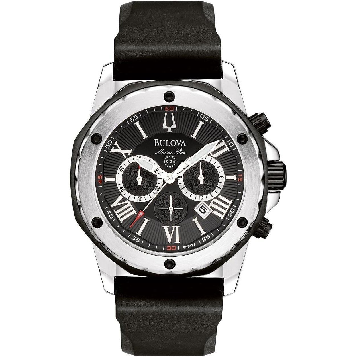 Reloj cronógrafo de cuarzo de acero inoxidable con seis manecillas, serie Marine Star, para hombre de Bulova, correa de silicona negra Estilo: 98B127 