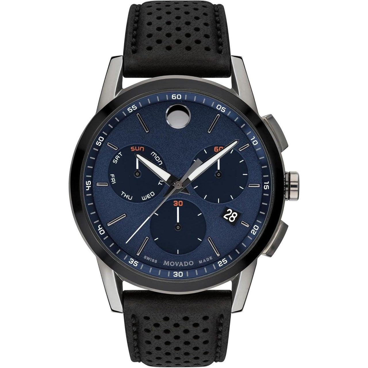 Montre Movado Museum Sport pour homme - Mouvement chronographe à quartz suisse, bracelet en cuir de veau - Étanchéité 3 ATM - Montre de luxe tendance pour lui - 43 mm