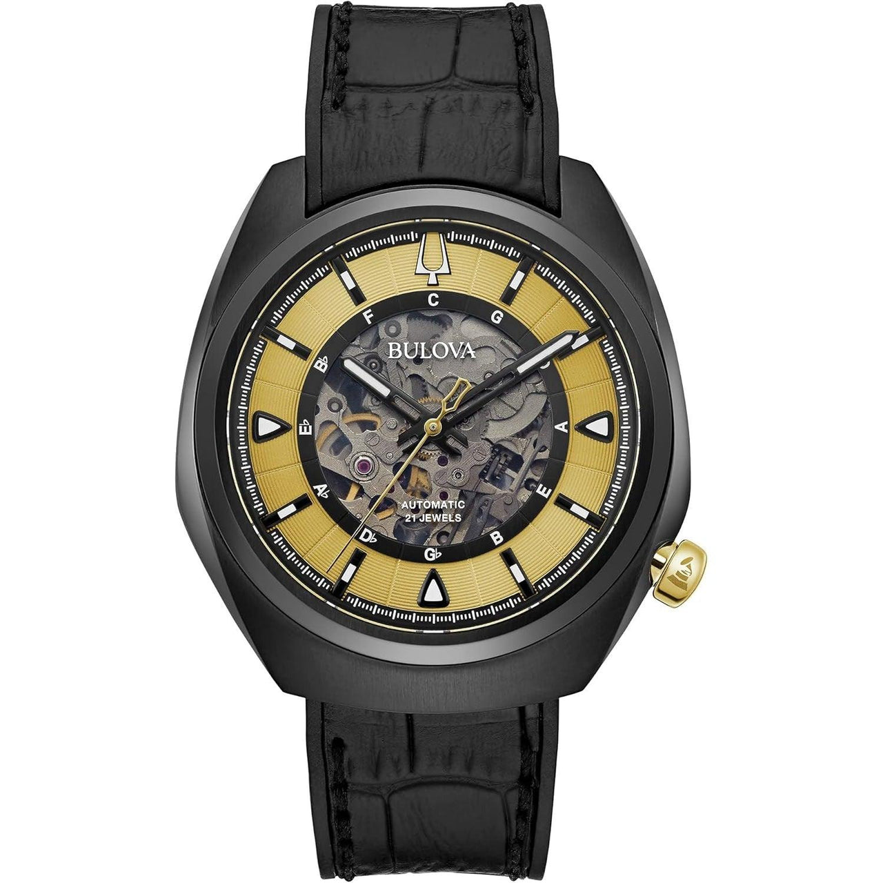 Reloj automático Bulova Grammy para hombre, de acero inoxidable, con correa de cuero negro y caucho FKM, color negro (modelo: 98A241)