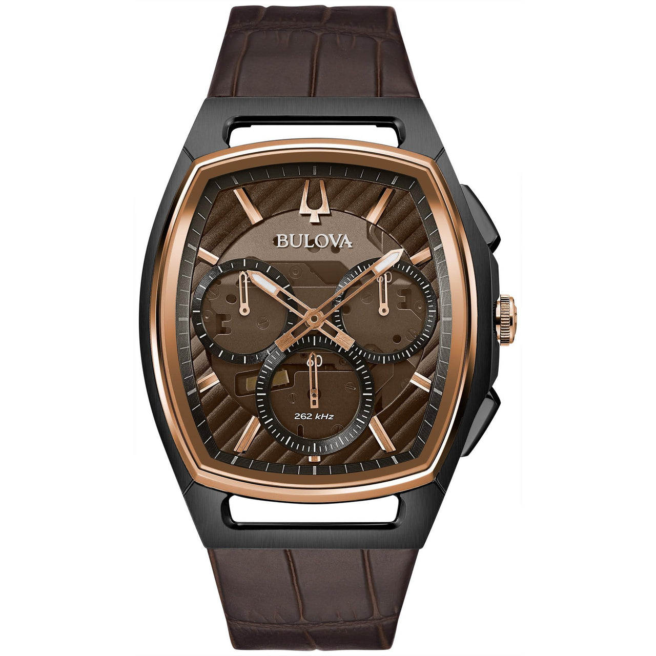 Montre à quartz haute performance Bulova CURV pour homme, boîtier en acier inoxydable ton or rose et noir, bracelet en cuir marron, chronographe à 5 aiguilles, verre saphir, modèle 98A264