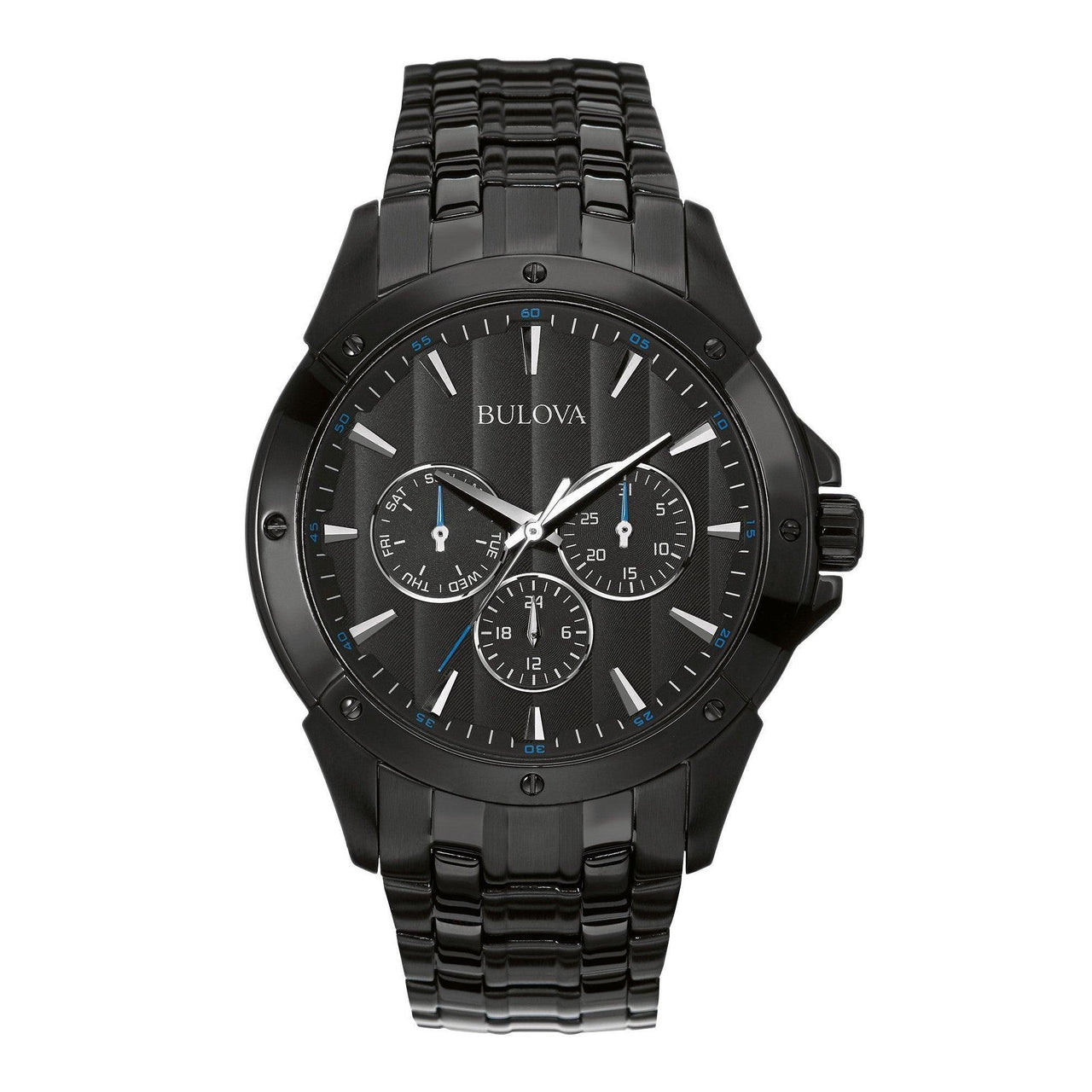 Bulova Men's Classic Dress 6-Hand Multi-Function Day/Date Quartz Watch, Black Patterned Dial, 43mm