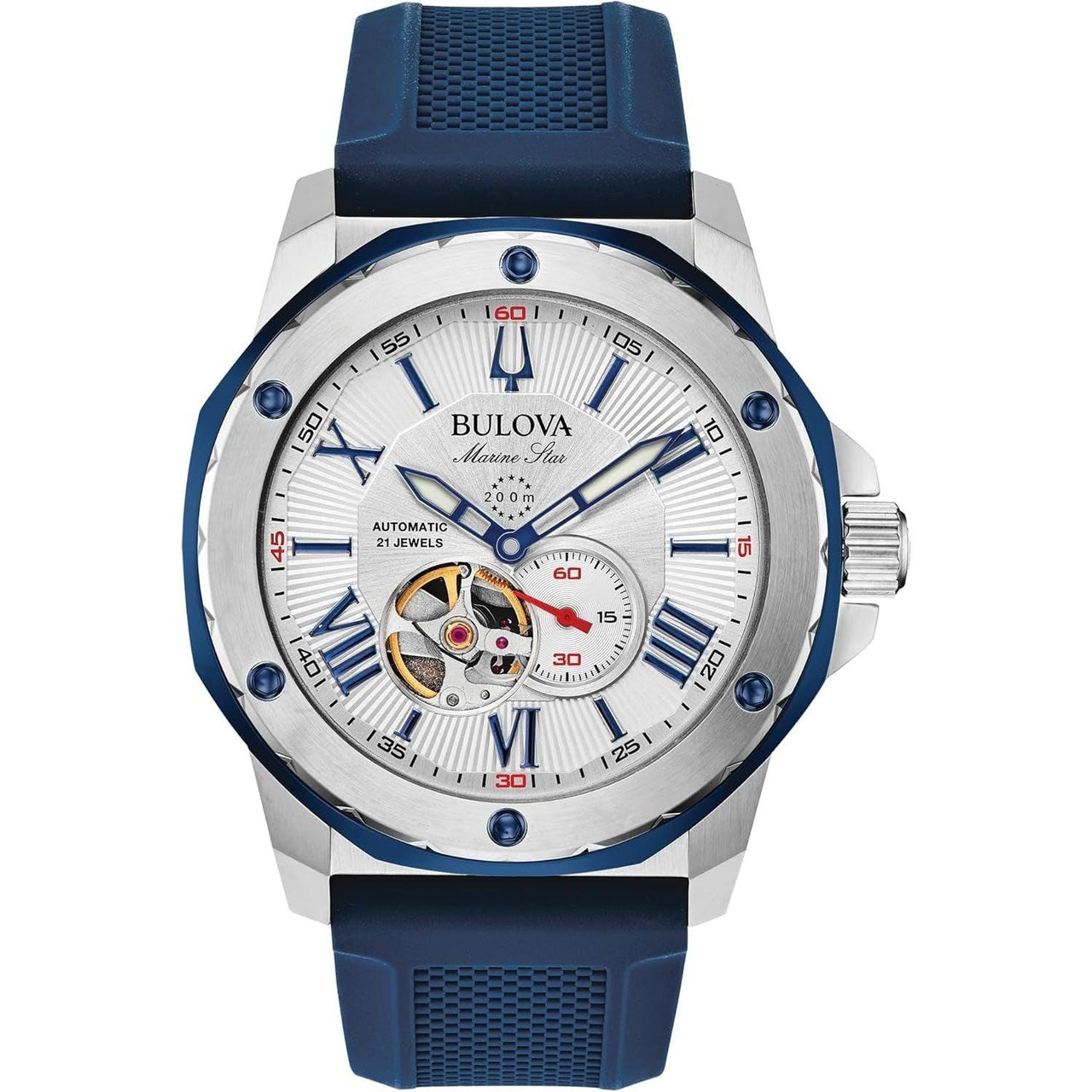 Montre automatique pour homme Bulova Marine Star « Série A » avec boîtier en acier inoxydable et bracelet en silicone texturé bleu, ouverture ouverte, cadran blanc argenté Modèle : 98A225