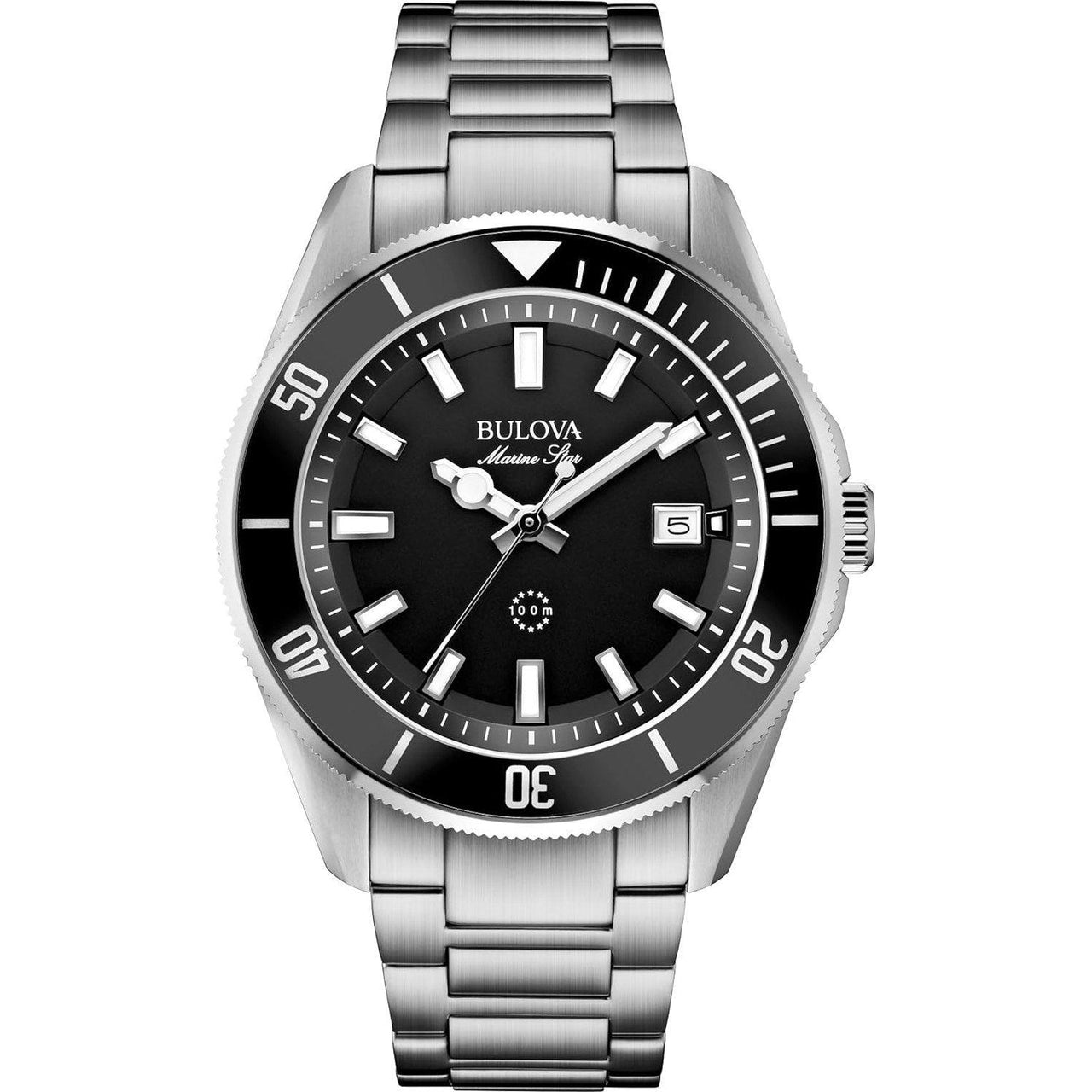 Montre à quartz Bulova Marine Star « Série B » pour homme en acier inoxydable avec calendrier à 3 aiguilles, cadran noir Style : 98B203