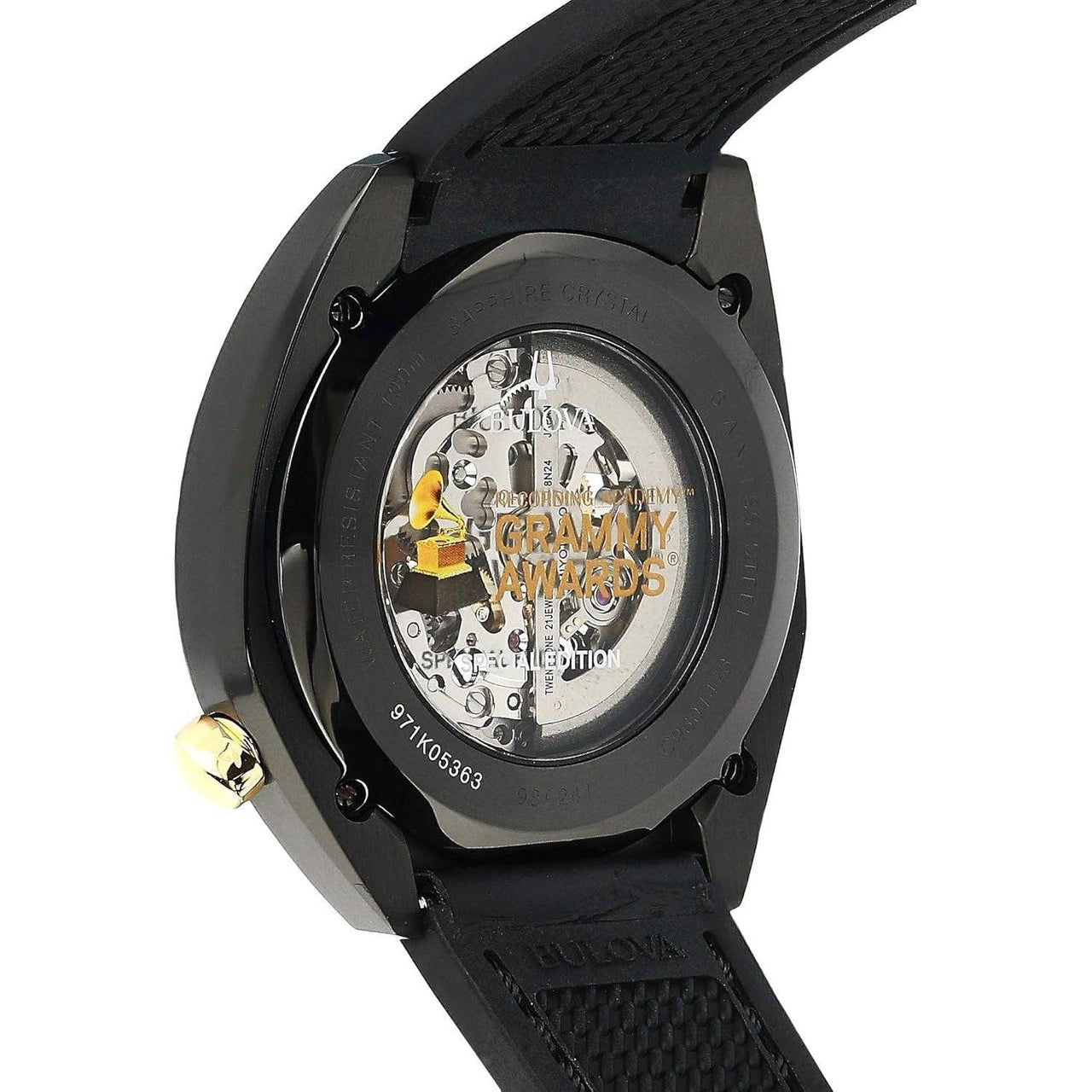 Reloj automático Bulova Grammy para hombre, de acero inoxidable, con correa de cuero negro y caucho FKM, color negro (modelo: 98A241)