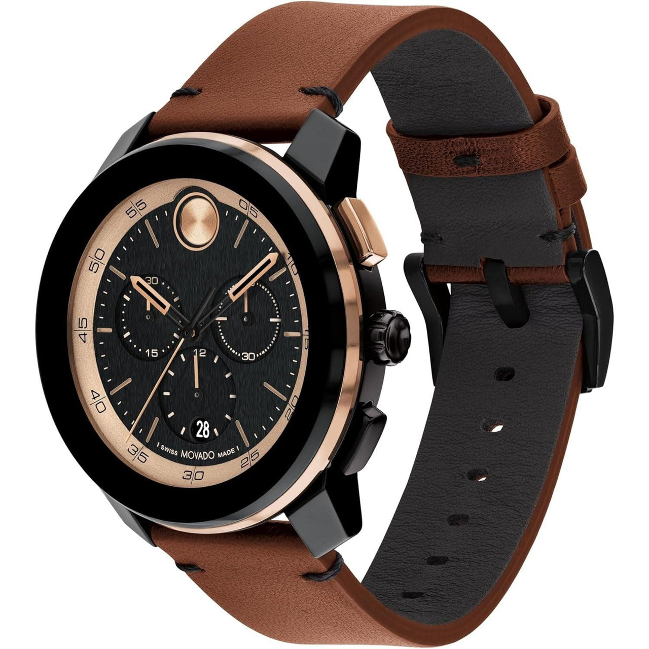 Movado Bold TR90 Modern Sporty Watch for Men - Swiss Made - Water Resistant 3ATM/30 Meters - Chronograph Wristwatch with a Cognac Leather Strap for Him - 43.5mm