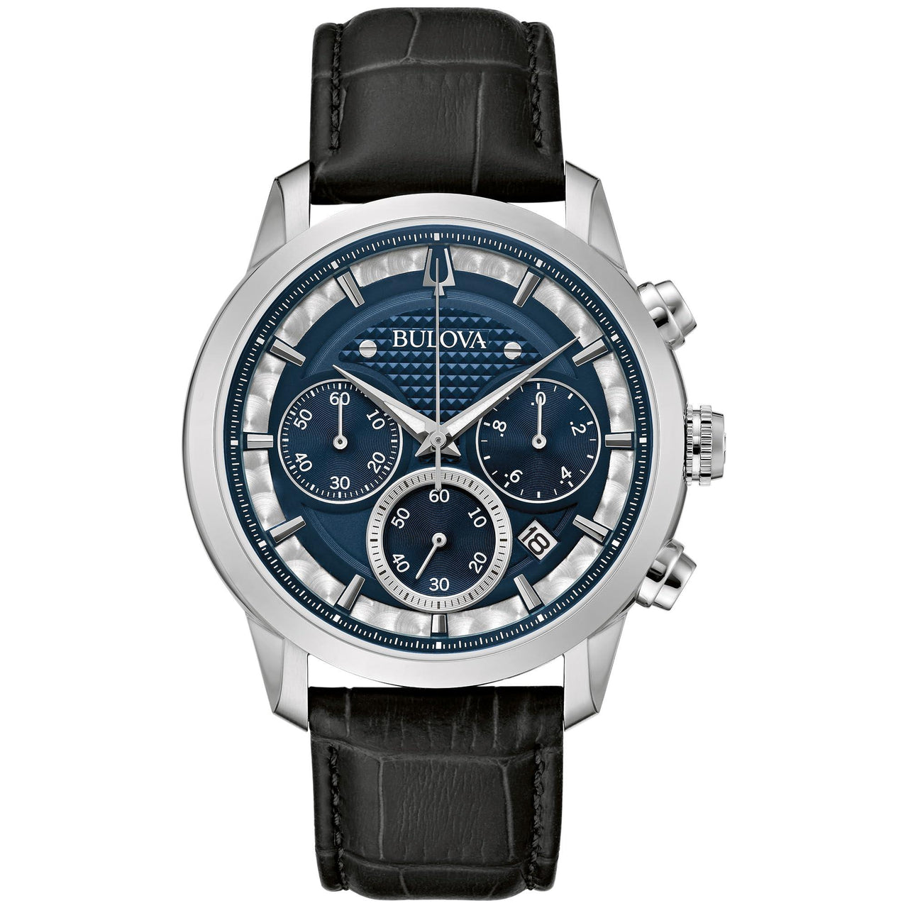 Reloj cronógrafo de cuarzo Bulova Classic Sutton con seis manecillas y caja de acero inoxidable plateada con correa de cuero negra, esfera azul, 44 mm, para hombre Estilo: 96B420