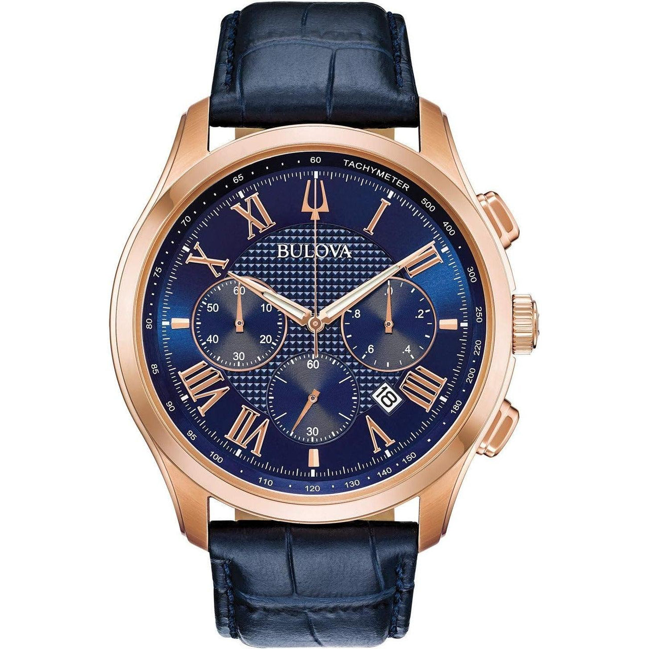 Montre Bulova Wilton 21 rubis pour homme, réserve de marche de 60 heures, aiguilles lumineuses, chiffres romains, verre saphir bombé, 43 mm, bleu/or rose