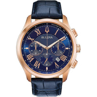 Thumbnail for Montre Bulova Wilton 21 rubis pour homme, réserve de marche de 60 heures, aiguilles lumineuses, chiffres romains, verre saphir bombé, 43 mm, bleu/or rose