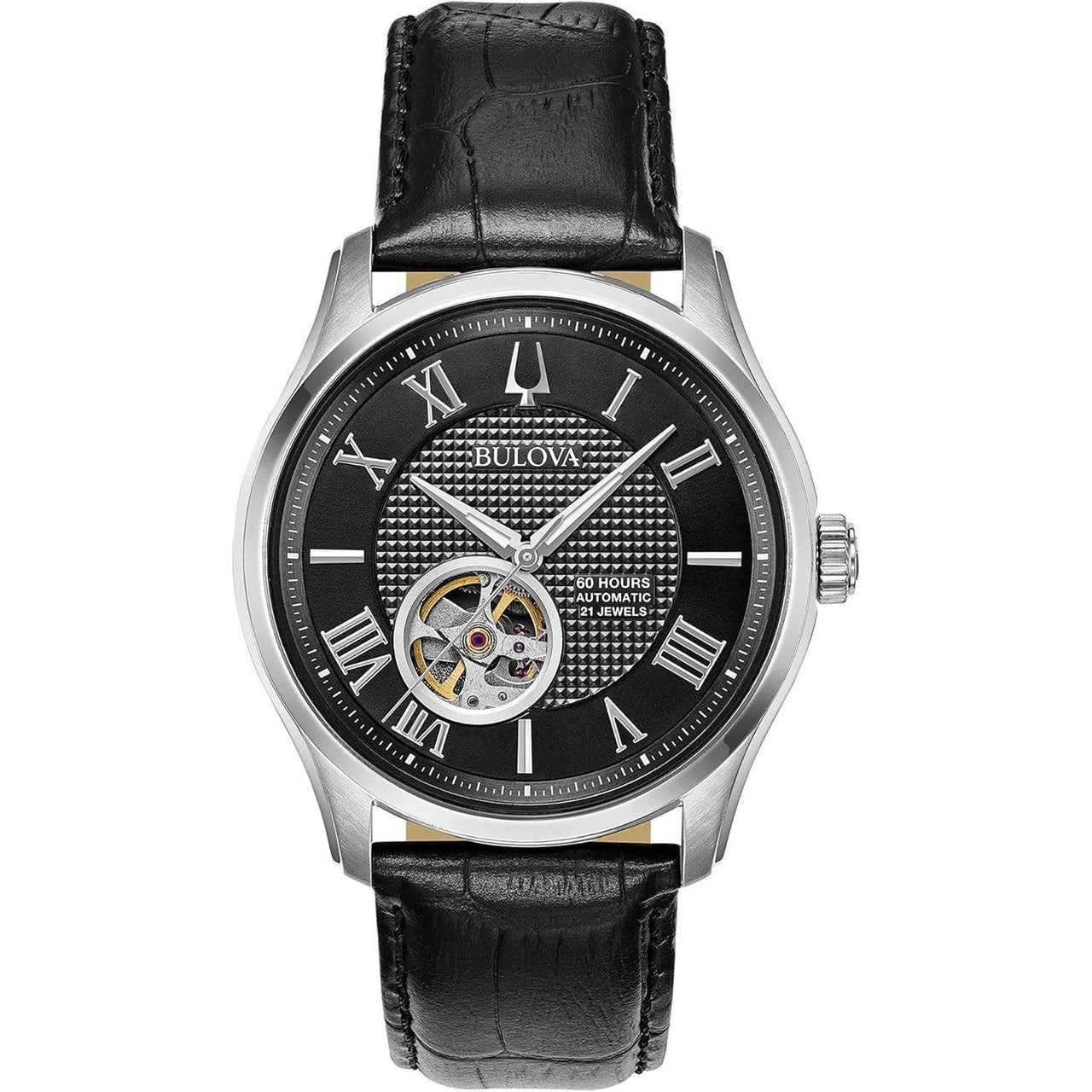 Reloj automático clásico Wilton de Bulova para hombre, 3 manecillas, 21 joyas, reserva de marcha de 60 horas, manecillas luminosas, ventanilla abierta, marcadores de números romanos, cristal de zafiro abovedado, 43 mm