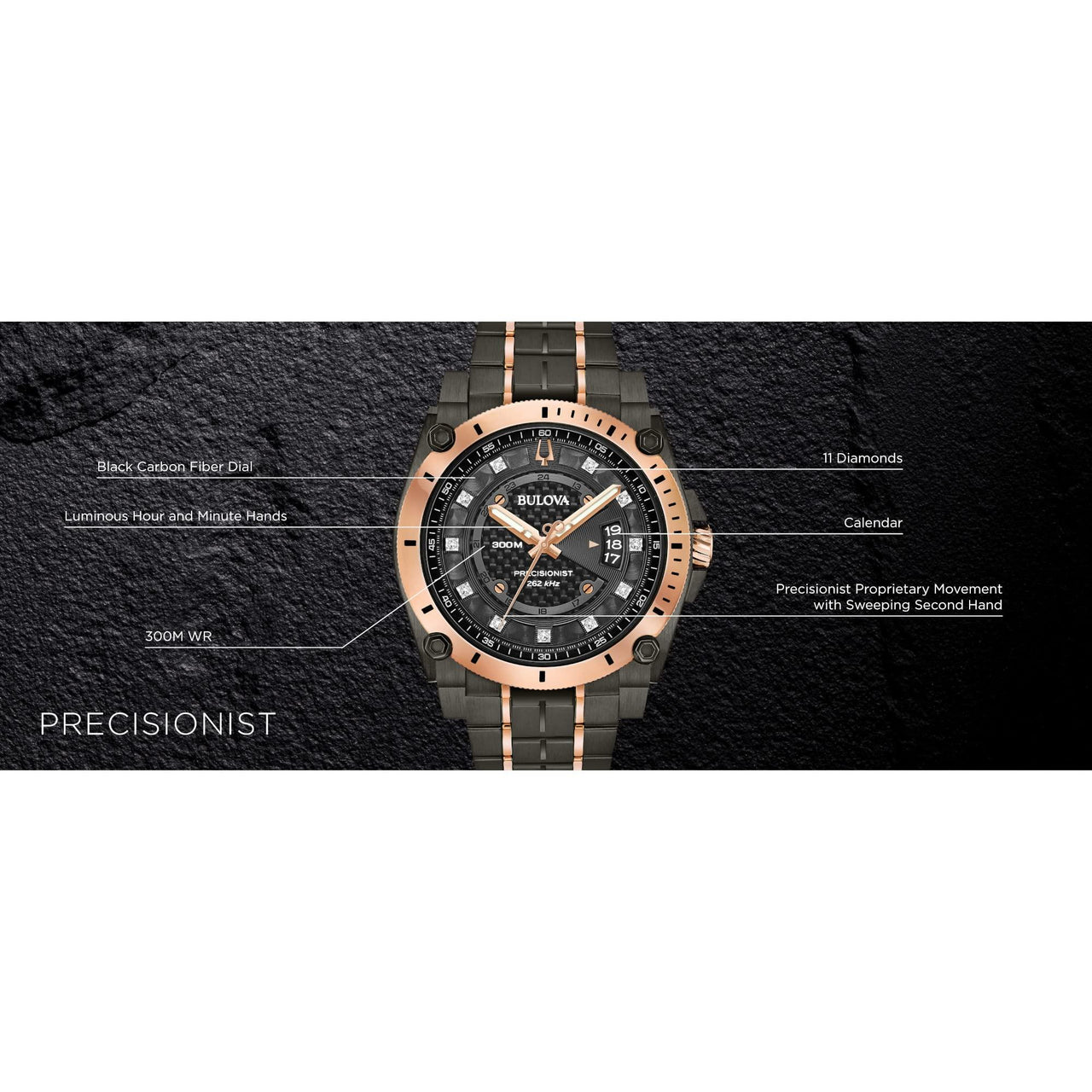 Bulova Men’s High Precisionist Quartz Icon Grey IP and Rose Gold Watch, Diamonds, 300M Water Resistant