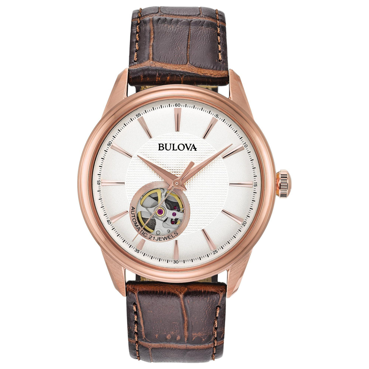 Montre automatique classique pour homme Bulova avec bracelet en cuir, cadran à ouverture ouverte, fonction Hack, 41 mm