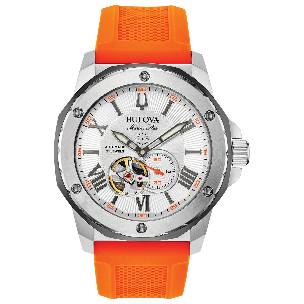 Montre automatique Bulova Marine Star « Série A » pour homme avec bracelet en silicone orange Modèle : 98A226