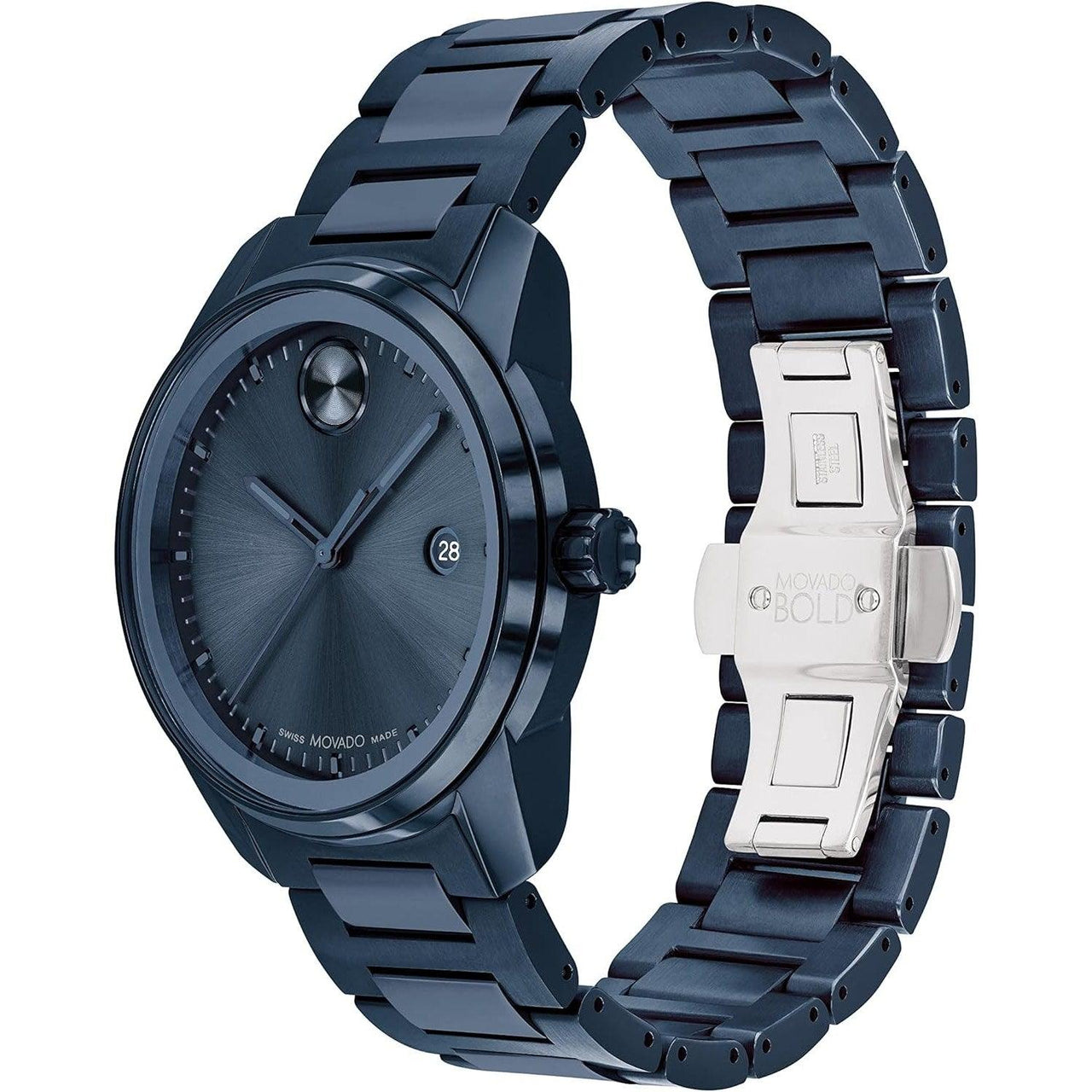 Reloj de cuarzo suizo Movado Bold Verso para hombre con correa de acero inoxidable, azul, 21 (modelo: 3600862)