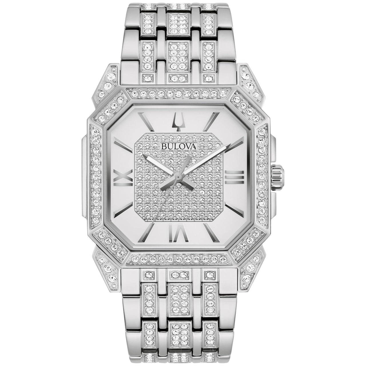 Montre Bulova pour homme en acier inoxydable argenté Crystal Octava ; cadran octogonal, 3 aiguilles, modèle : 96A285