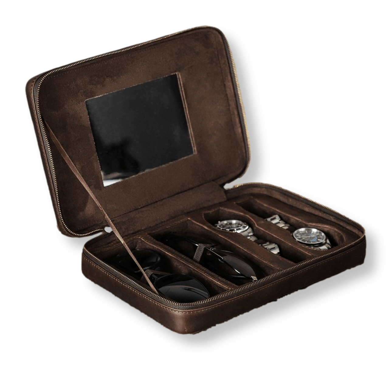 Genuine Leather Watch Box Organizer with Mirror and Sunglass Storage - watchband.direct