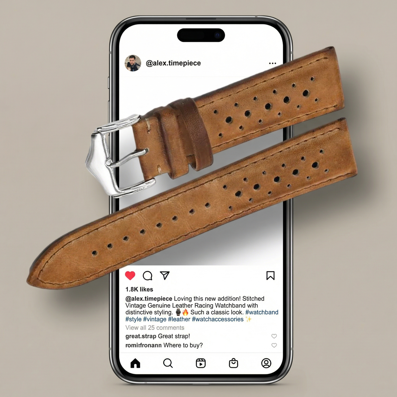 Stitched Vintage Genuine Leather Racing Watchband - Instagram Post