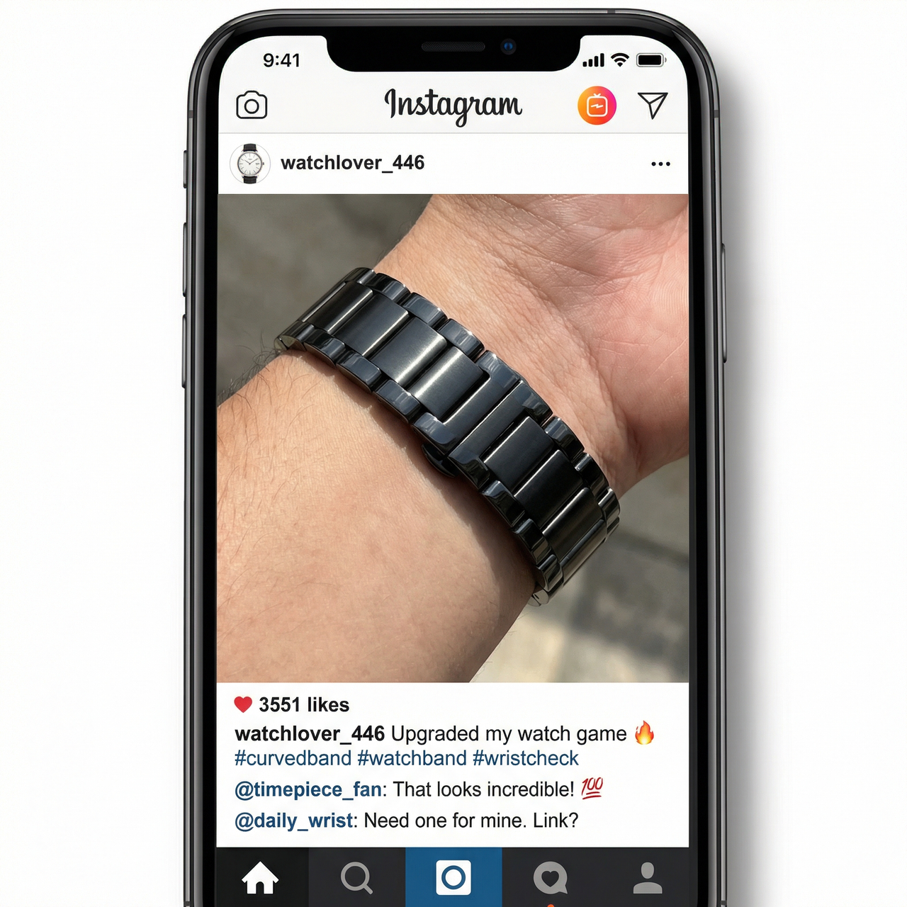 Curved Stainless Steel Watchband with Butterfly Buckle - Instagram Post