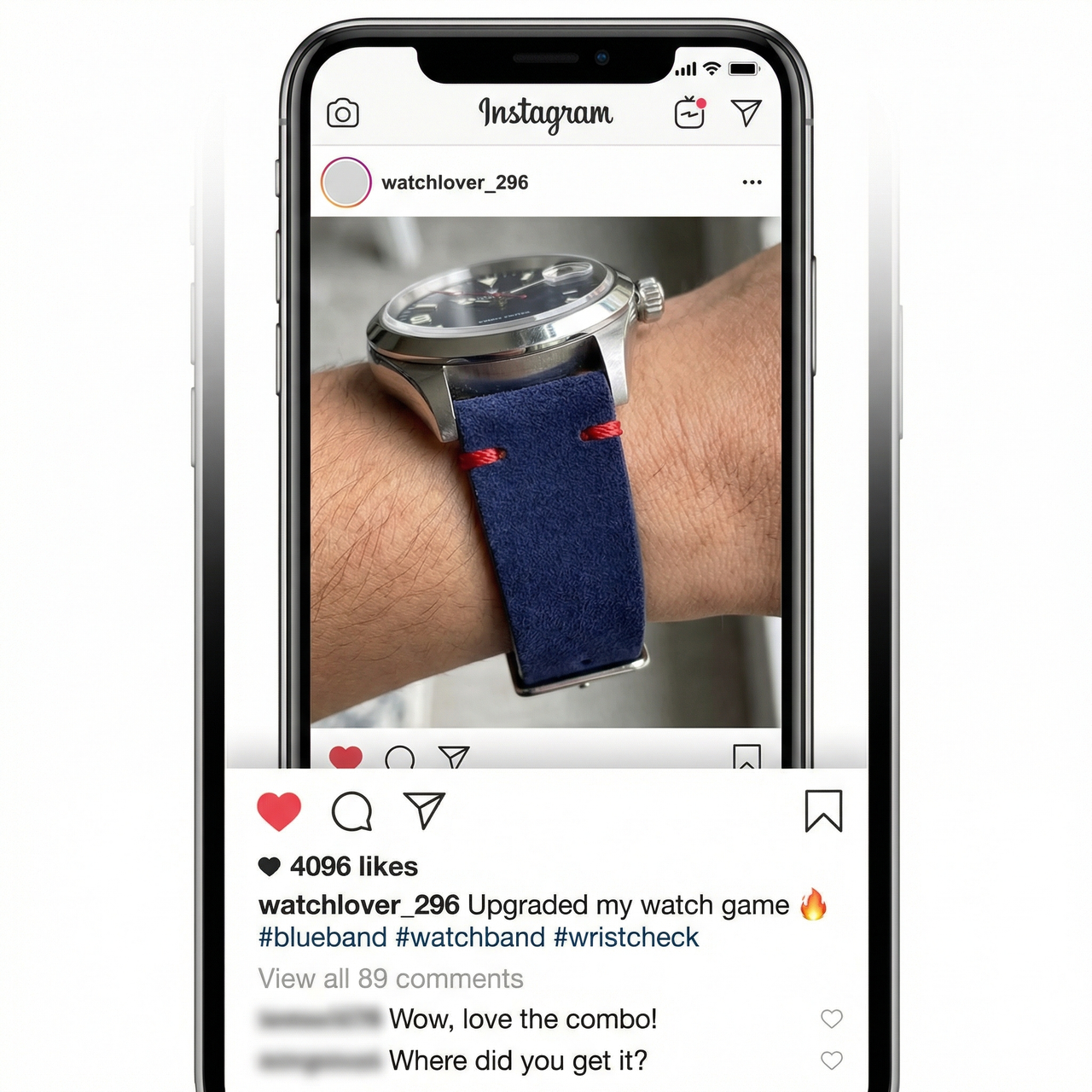 Blue Suede Leather Watch Strap with Quick Release - Instagram Post