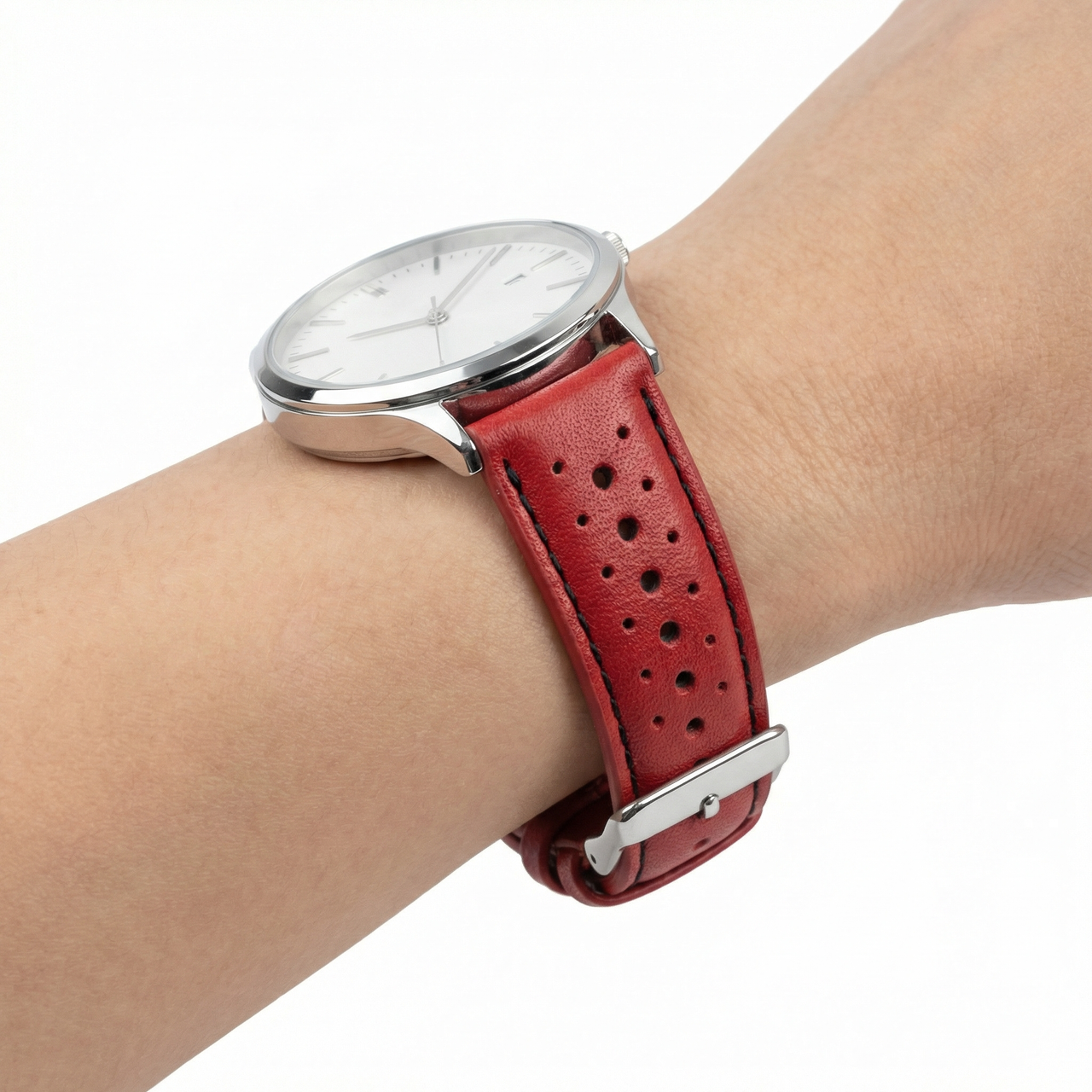 Colored Stitch Perforated Genuine Leather Racing Quick-Release Watchband - Wristshot