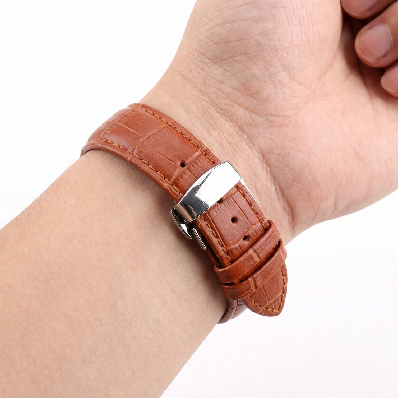 Leather Watch Band with Butterfly Deploymant Buckle - Wristshot