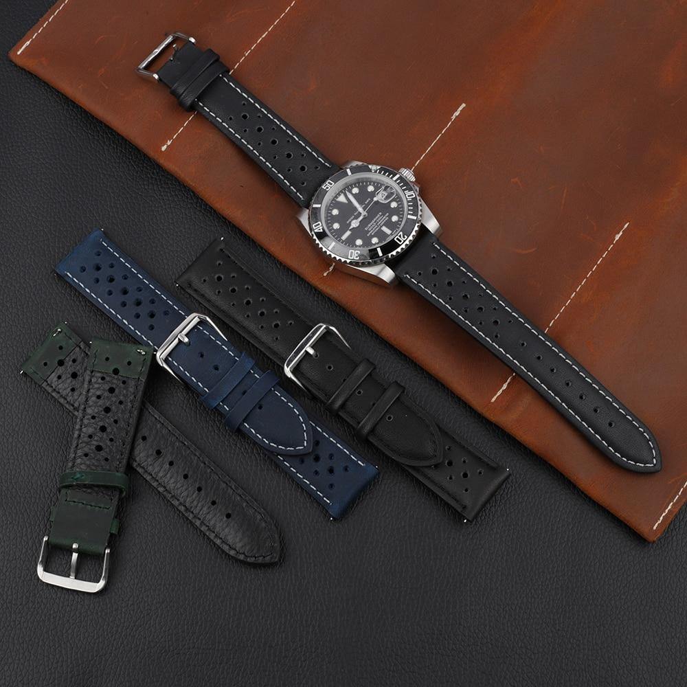 Colored Stitch Perforated Genuine Leather Racing Quick-Release Watchband - watchband.direct