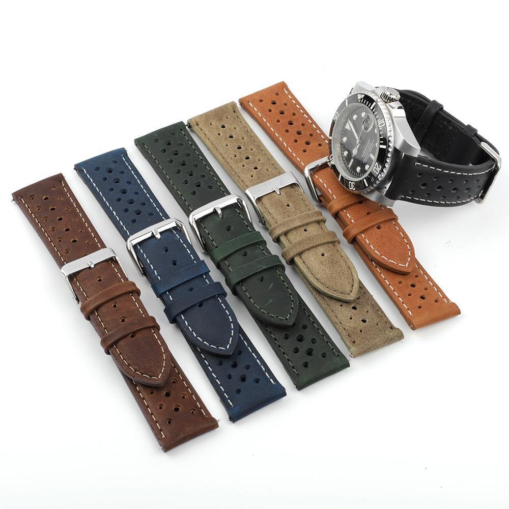 Colored Stitch Perforated Genuine Leather Racing Quick-Release Watchband - watchband.direct